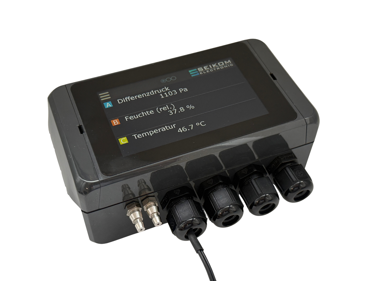 SEIKOM ONE Auswerteeinheit mit Touchdisplay, Startbildschirm mit Differenzdruck, Feuchte und Temperatur