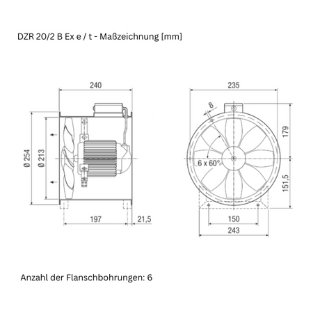 ATEX - Axial-Rohrventilator -  MAICO DZR 20/2 B Ex e / DZR 20/2 B Ex t
