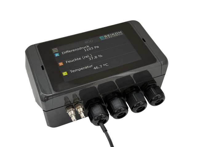 SEIKOM ONE Auswerteeinheit mit Touchdisplay, Startbildschirm mit Differenzdruck, Feuchte und Temperatur