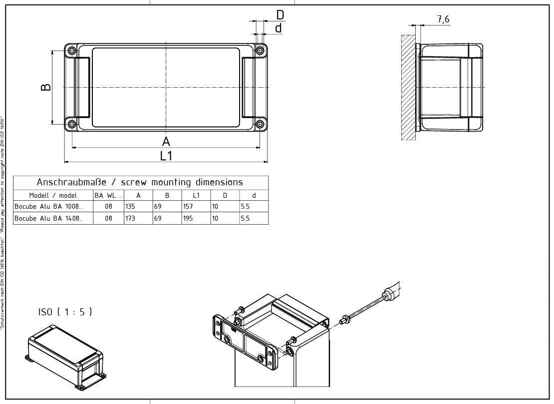 Maßzeichnung des SEIKOM ONE Aluminiumgehäuses mit Wandbefestigung