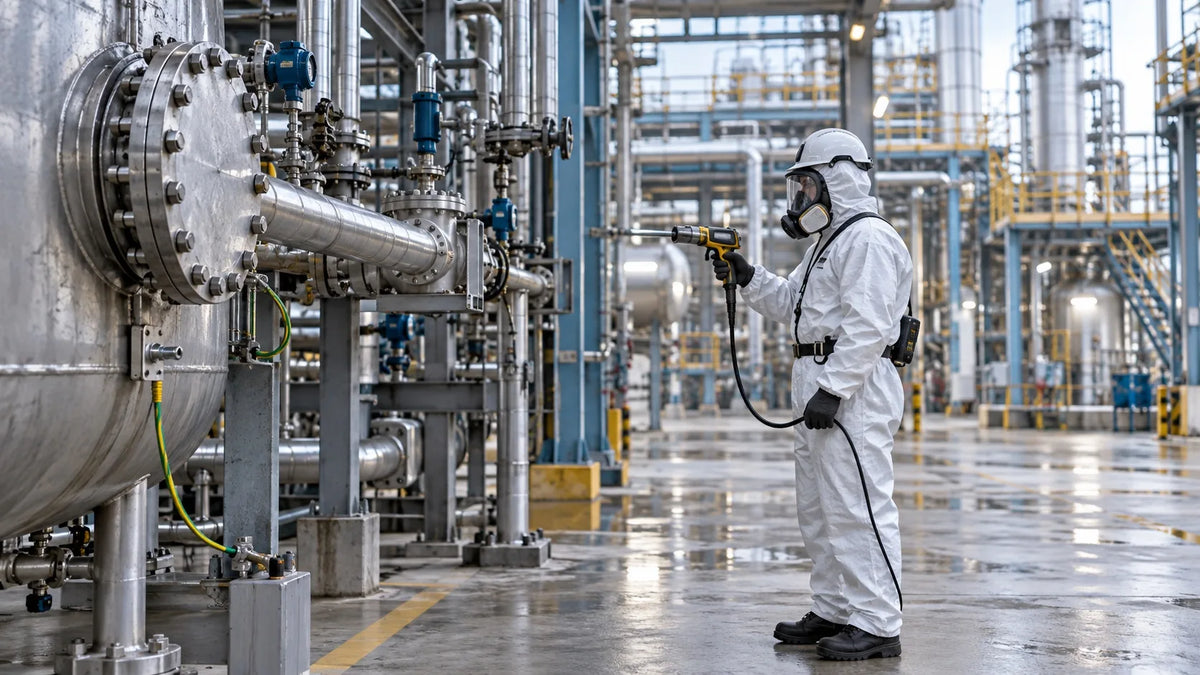 Mitarbeiter im Schutzanzug in einer Industrieanlage