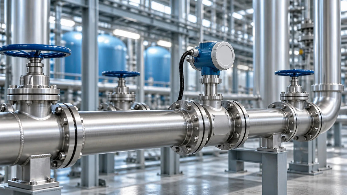 Rohrleitungen mit Durchflussmessgerät und Ventilen in einer Industrieanlage